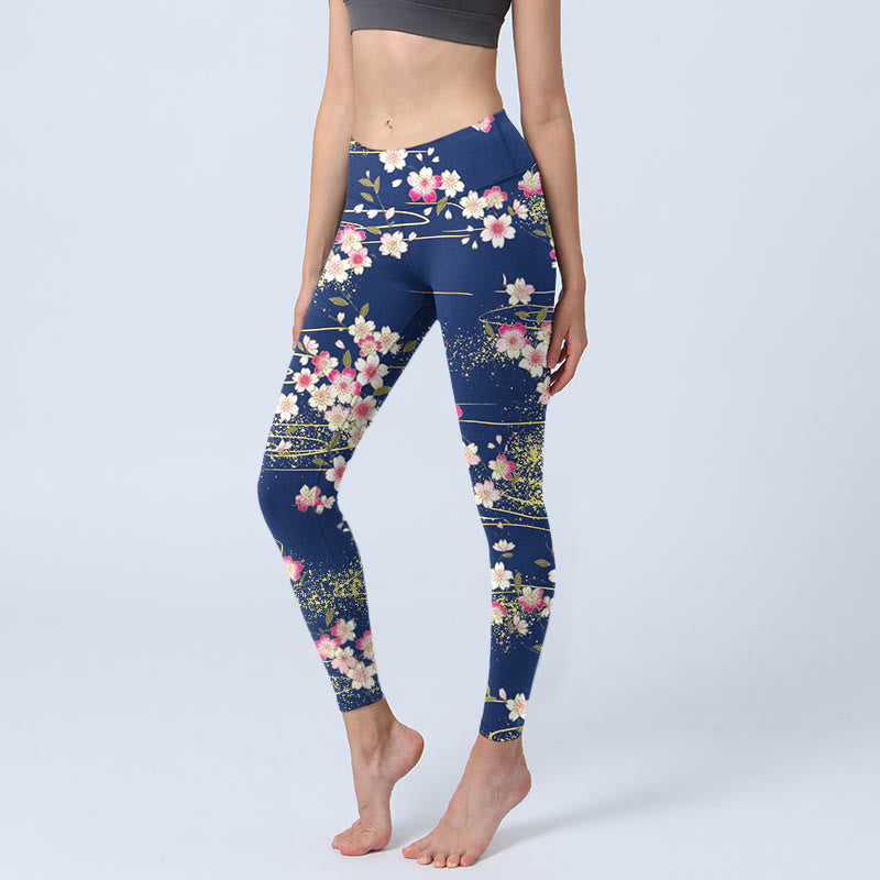 Leggings de yoga para mujer con estampado de Buddha Stones rosas, magentas y hojas verdes - Azul acero - US18，UK/AU22，EU50 (4XL) - image 0
