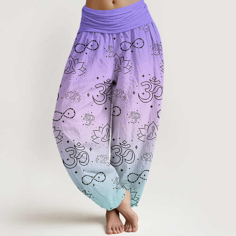 Pantalones harén con cintura elástica para mujer, con símbolo OM de Buddha Stones y figura de loto meditando, estampado de infinito - Azul pizarra - US22，UK/AU26，EU54 (6XL) - image 1