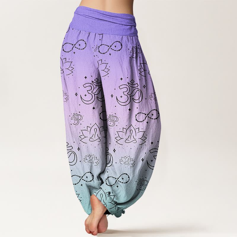 Pantalones harén con cintura elástica para mujer, con símbolo OM de Buddha Stones y figura de loto meditando, estampado de infinito - image 2