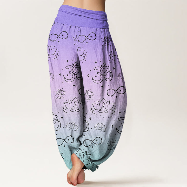 Pantalones harén con cintura elástica para mujer, con símbolo OM de Buddha Stones y figura de loto meditando, estampado de infinito - image 2