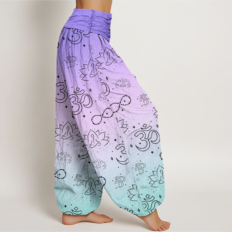 Pantalones bombachos de cintura elástica para mujer con estampado de Buddha Stones , símbolo OM, loto meditando, figura infinita y diseño de infinito. - image 2
