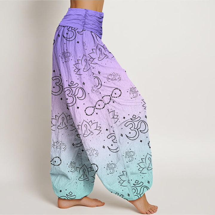 Pantalones harén con cintura elástica para mujer, con símbolo OM de Buddha Stones y figura de loto meditando, estampado de infinito - image 3