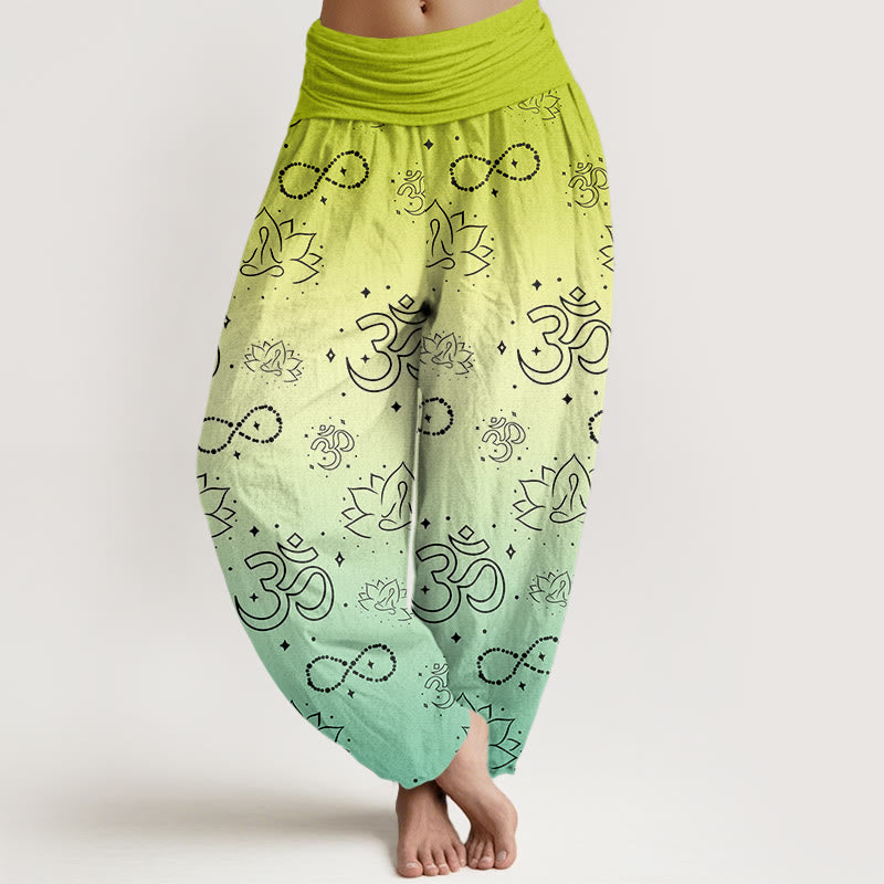 Pantalones harén con cintura elástica para mujer, con símbolo OM de Buddha Stones y figura de loto meditando, estampado de infinito - VerdeAmarillo - US22，UK/AU26，EU54 (6XL) - image 4