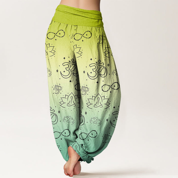 Pantalones bombachos de cintura elástica para mujer con estampado de Buddha Stones , símbolo OM, loto meditando, figura infinita y diseño de infinito. - image 5