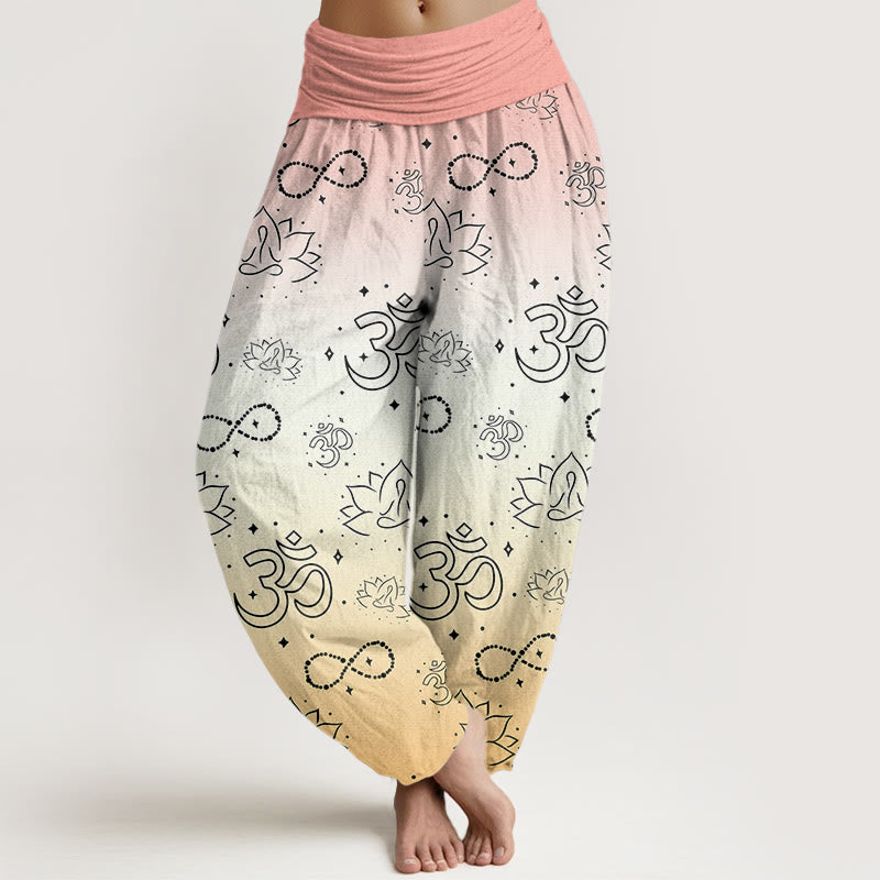Pantalones harén con cintura elástica para mujer, con símbolo OM de Buddha Stones y figura de loto meditando, estampado de infinito - Beige - US22，UK/AU26，EU54 (6XL) - image 7