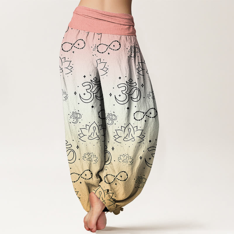Pantalones harén con cintura elástica para mujer, con símbolo OM de Buddha Stones y figura de loto meditando, estampado de infinito - image 9
