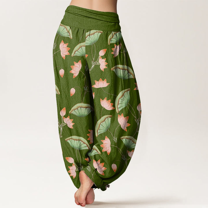 Pantalones bombachos de cintura elástica para mujer con estampado de flores de loto rosas, hojas verdes y Buddha Stones en algodón. - image 1
