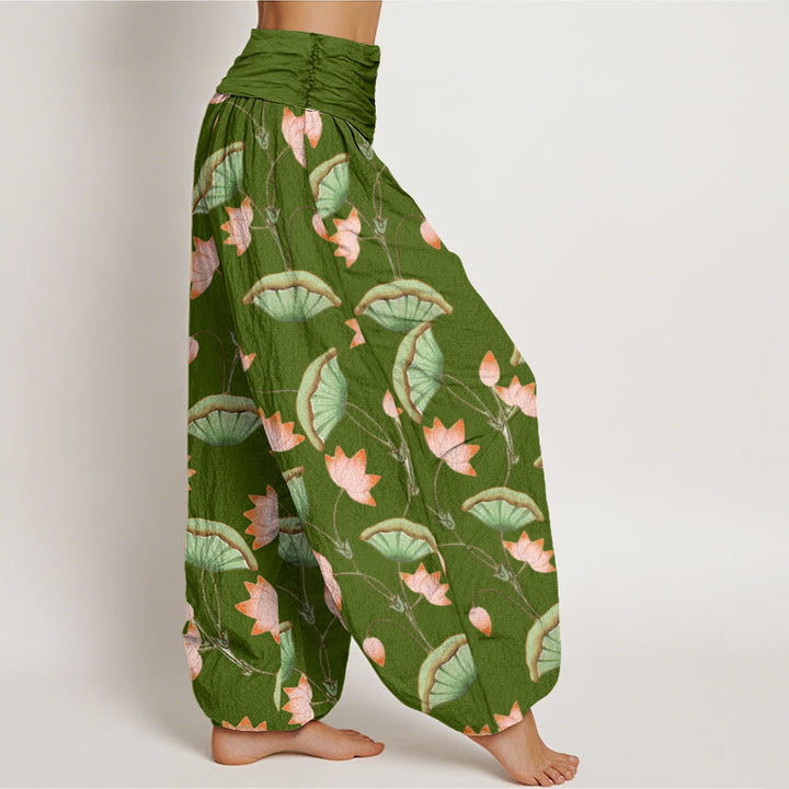 Pantalones harén de cintura elástica para mujer con estampado de hojas verdes exuberantes y flores de loto rosa y piedras de Buddha Stones - image 2