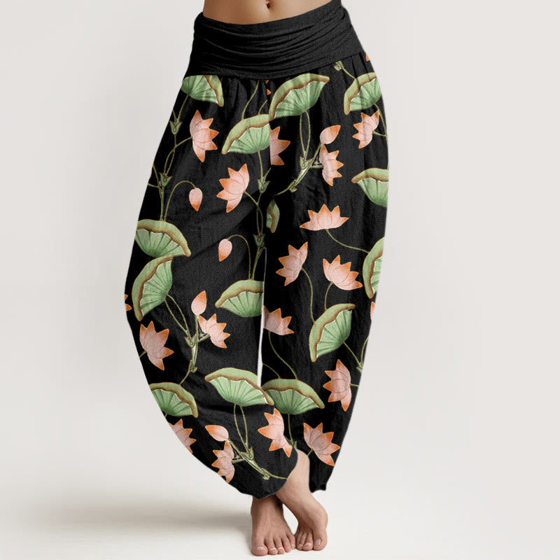 Pantalones harén de cintura elástica para mujer con estampado de hojas verdes exuberantes y flores de loto rosa y piedras de Buddha Stones - Negro - US22，UK/AU26，EU54 (6XL) - image 4