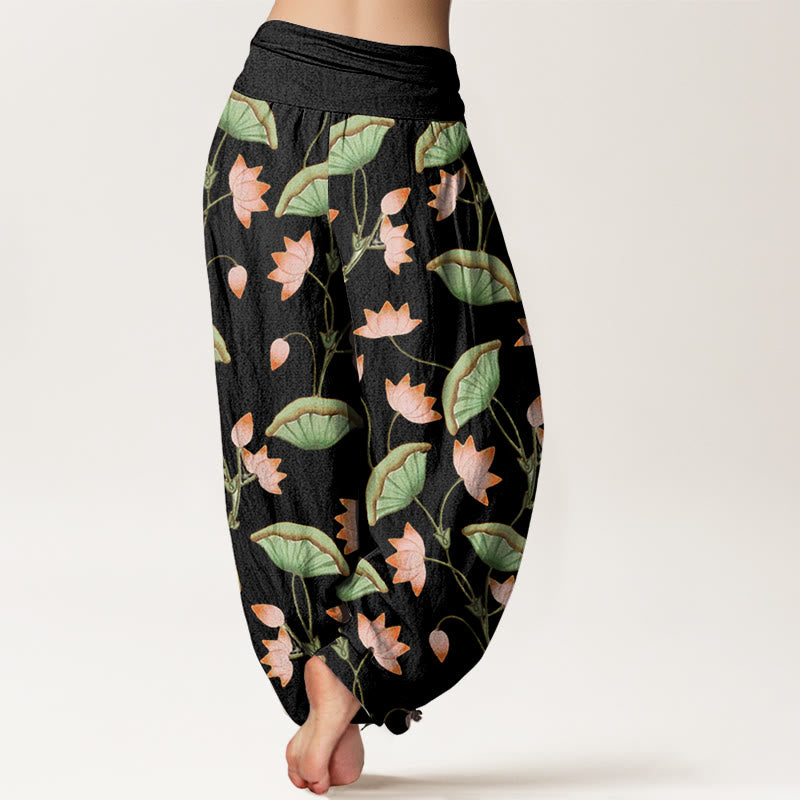 Pantalones harén de cintura elástica para mujer con estampado de hojas verdes exuberantes y flores de loto rosa y piedras de Buddha Stones - image 5