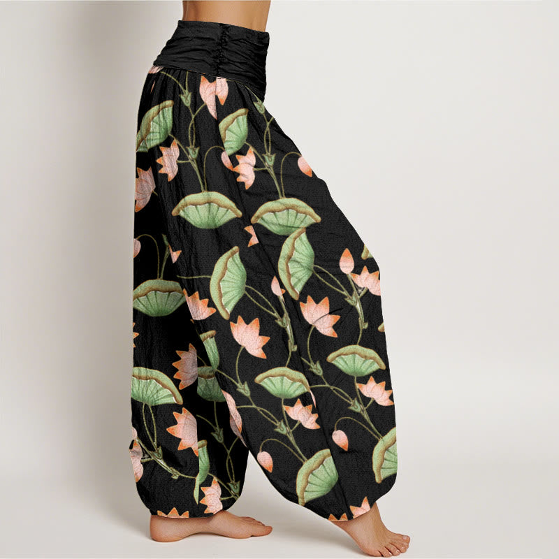 Pantalones bombachos de cintura elástica para mujer con estampado de flores de loto rosas, hojas verdes y Buddha Stones en algodón. - image 6