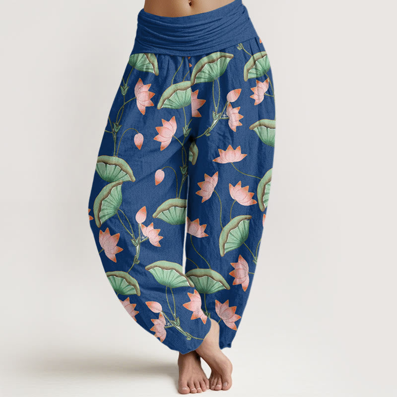 Pantalones harén de cintura elástica para mujer con estampado de hojas verdes exuberantes y flores de loto rosa y piedras de Buddha Stones - Azul acero - US22，UK/AU26，EU54 (6XL) - image 7