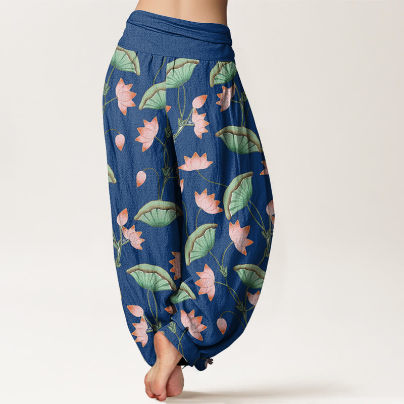 Pantalones bombachos de cintura elástica para mujer con estampado de flores de loto rosas, hojas verdes y Buddha Stones en algodón. - image 8