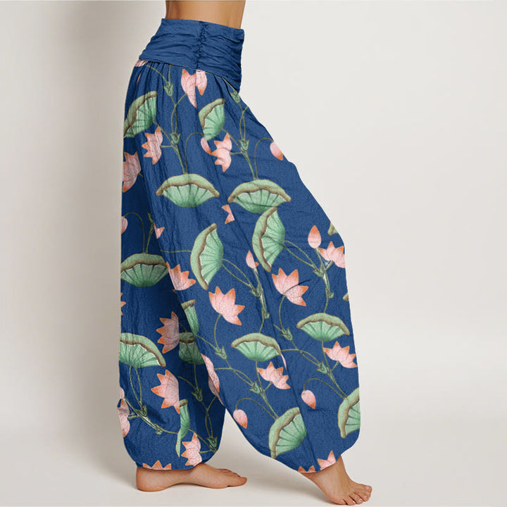 Pantalones harén de cintura elástica para mujer con estampado de hojas verdes exuberantes y flores de loto rosa y piedras de Buddha Stones - image 9