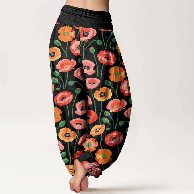 Pantalones bombachos de cintura elástica para mujer con estampado de flores rojas y naranjas y Buddha Stones en algodón. - image 1