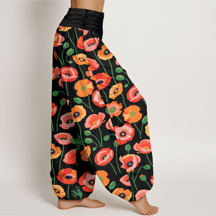 Pantalones bombachos de cintura elástica para mujer con estampado de flores rojas y naranjas y Buddha Stones en algodón. - image 2