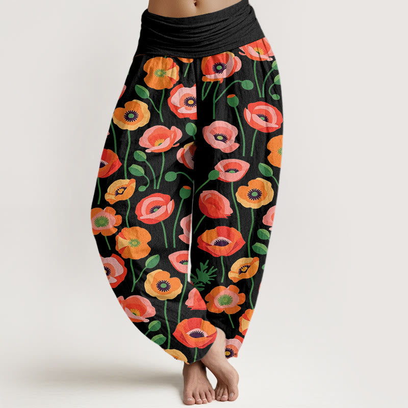 Pantalones bombachos de cintura elástica para mujer con estampado de flores rojas y naranjas y Buddha Stones en algodón. - Negro - US22，UK/AU26，EU54 (6XL) - image 0