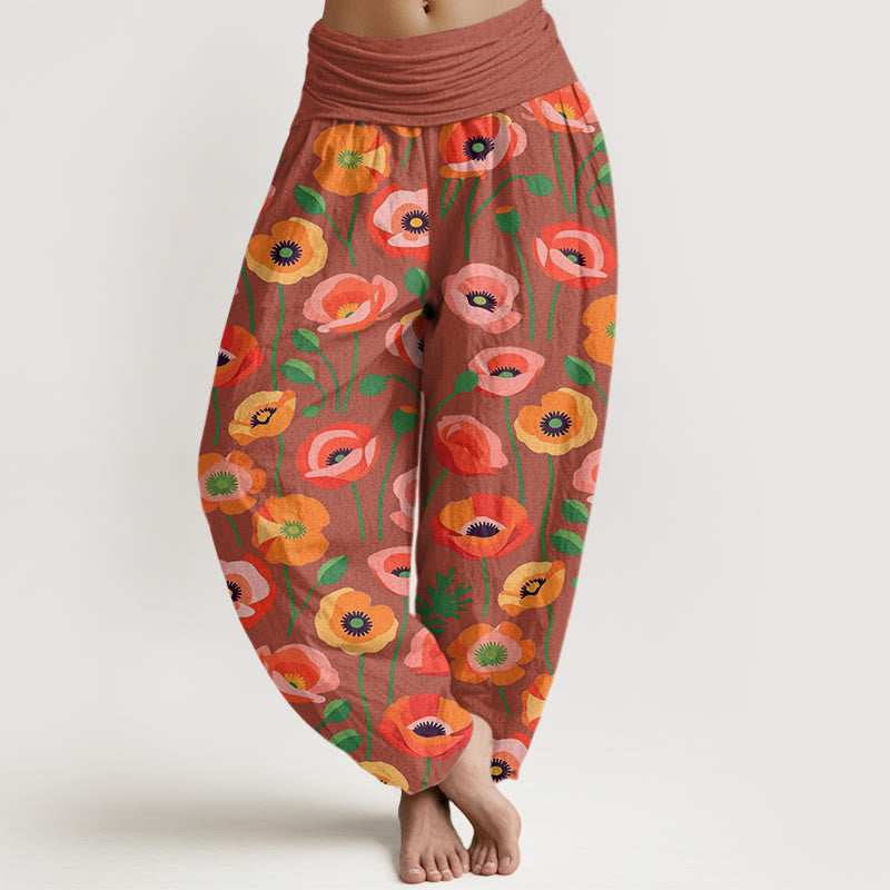 Pantalones bombachos de cintura elástica para mujer con estampado de flores rojas y naranjas y Buddha Stones en algodón. - Coral claro - US22，UK/AU26，EU54 (6XL) - image 4