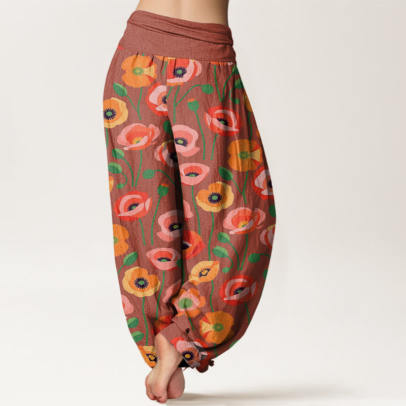 Pantalones bombachos de cintura elástica para mujer con estampado de flores rojas y naranjas y Buddha Stones en algodón. - image 5