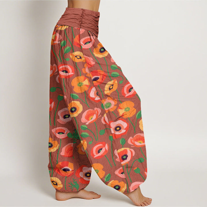 Pantalones bombachos de cintura elástica para mujer con estampado de flores rojas y naranjas y Buddha Stones en algodón. - image 6