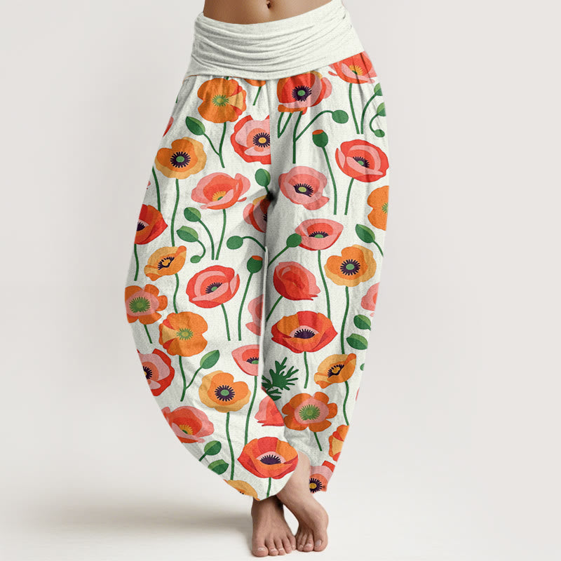 Pantalones bombachos de cintura elástica para mujer con estampado de flores rojas y naranjas y Buddha Stones en algodón. - Beige - US22，UK/AU26，EU54 (6XL) - image 7