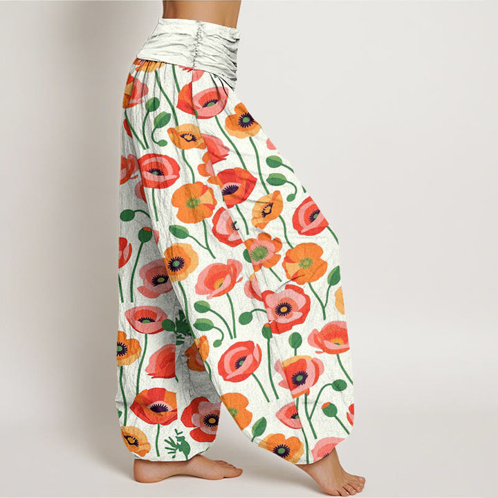 Pantalones bombachos de cintura elástica para mujer con estampado de flores rojas y naranjas y Buddha Stones en algodón. - image 9