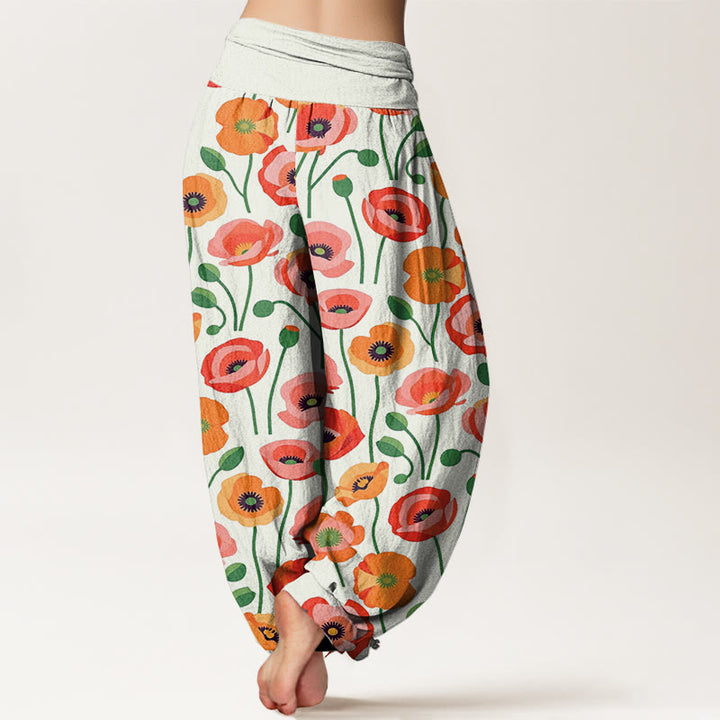 Pantalones bombachos de cintura elástica para mujer con estampado de flores rojas y naranjas y Buddha Stones en algodón. - image 8