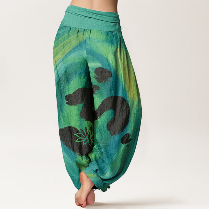 Pantalones bombachos de cintura elástica para mujer con estampado de flores de loto y símbolo OM de algodón con Buddha Stones - image 1