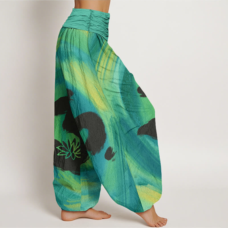 Pantalones bombachos de cintura elástica para mujer con estampado de flores de loto y símbolo OM de algodón con Buddha Stones - image 2