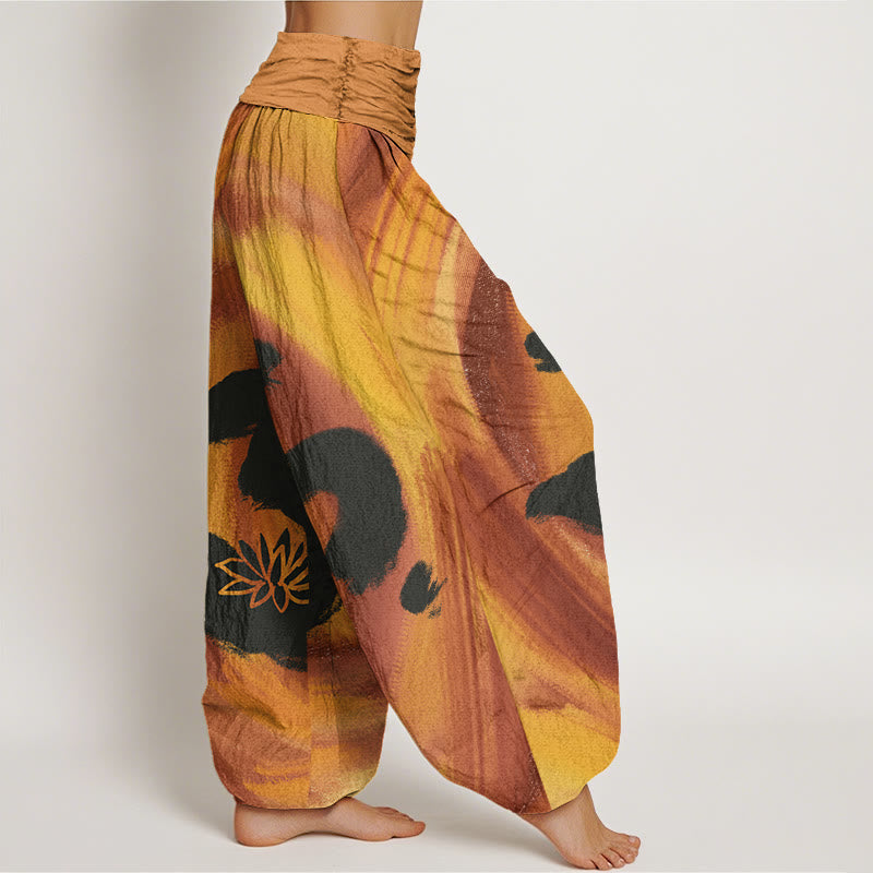 Pantalones bombachos de cintura elástica para mujer con estampado de flores de loto y símbolo OM de algodón con Buddha Stones - image 6