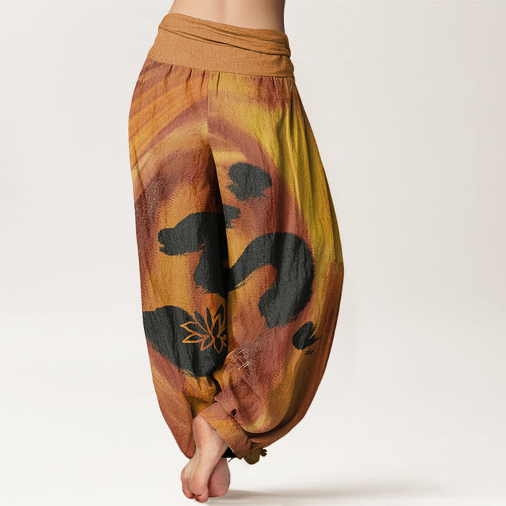 Pantalones bombachos de cintura elástica para mujer con estampado de flores de loto y símbolo OM de algodón con Buddha Stones - image 5