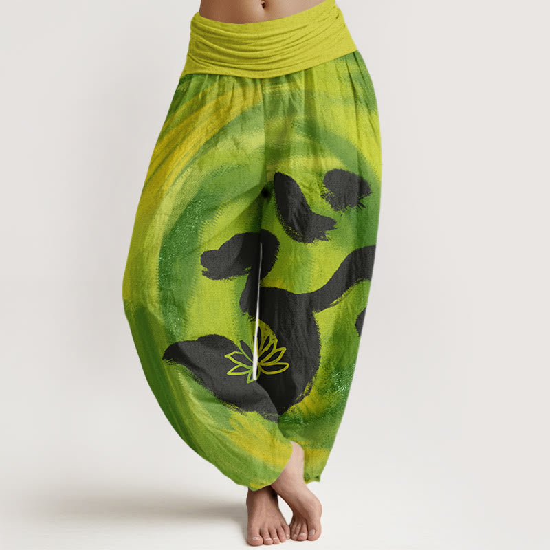 Pantalones bombachos de cintura elástica para mujer con estampado de flores de loto y símbolo OM de algodón con Buddha Stones - Verde amarillento - US22，UK/AU26，EU54 (6XL) - image 7