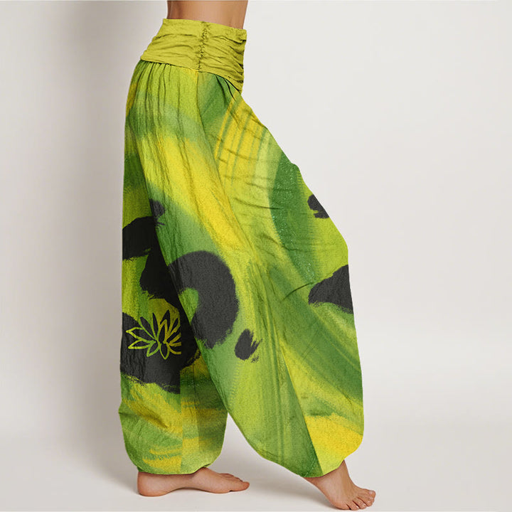 Pantalones bombachos de cintura elástica para mujer con estampado de flores de loto y símbolo OM de algodón con Buddha Stones - image 9