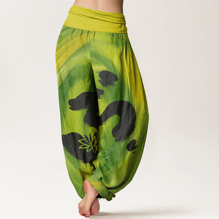 Pantalones bombachos de cintura elástica para mujer con estampado de flores de loto y símbolo OM de algodón con Buddha Stones - image 8