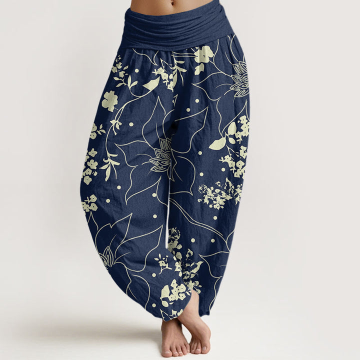 Pantalones bombachos de cintura elástica para mujer, de algodón beige con estampado de flores de pétalos grandes y Buddha Stones. - Azul acero - US22，UK/AU26，EU54 (6XL) - image 0