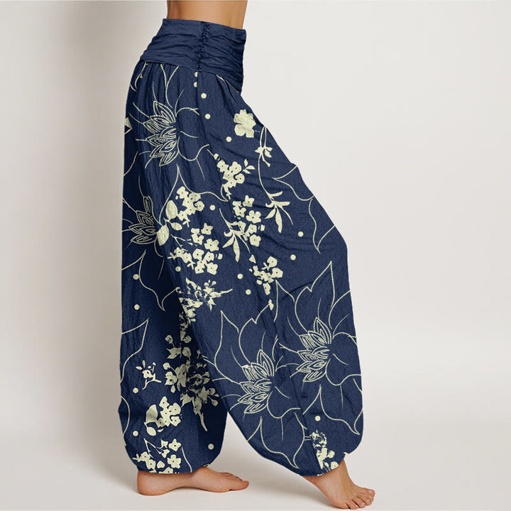 Pantalones bombachos de cintura elástica para mujer, de algodón beige con estampado de flores de pétalos grandes y Buddha Stones. - image 2