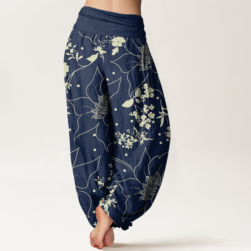 Pantalones bombachos de cintura elástica para mujer, de algodón beige con estampado de flores de pétalos grandes y Buddha Stones. - image 1