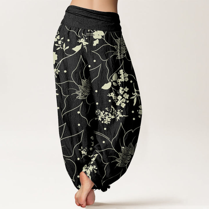 Pantalones bombachos de cintura elástica para mujer, de algodón beige con estampado de flores de pétalos grandes y Buddha Stones. - image 5