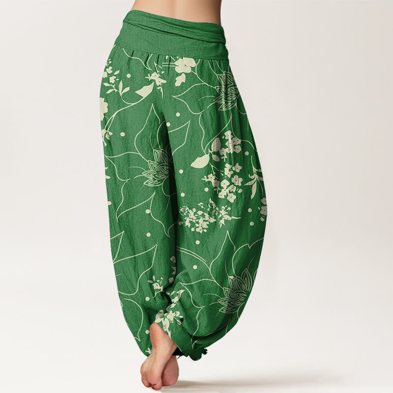 Pantalones bombachos de cintura elástica para mujer, de algodón beige con estampado de flores de pétalos grandes y Buddha Stones. - image 8