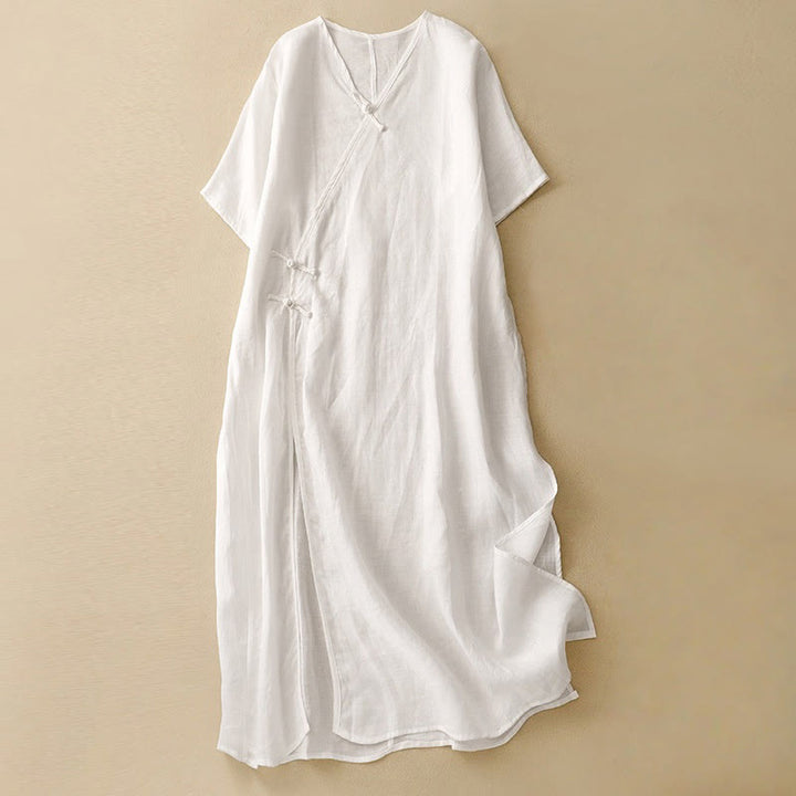 Vestido midi de verano para mujer de algodón y lino con cuello en V y botones de rana, manga corta y estampado de Buddha Stones