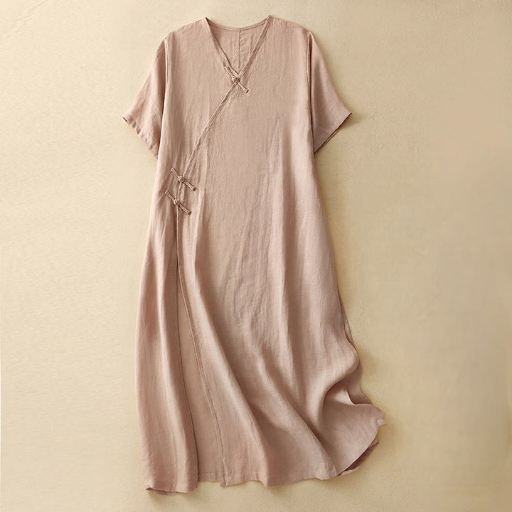 Vestido midi de verano para mujer de algodón y lino con cuello en V y botones de rana, manga corta y estampado de Buddha Stones