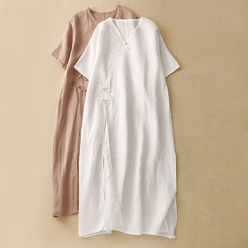 Vestido midi de verano para mujer de algodón y lino con cuello en V y botones de rana, manga corta y estampado de Buddha Stones