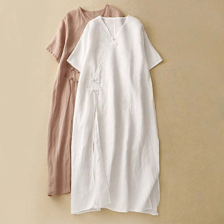 Vestido midi de verano para mujer de algodón y lino con cuello en V y botones de rana, manga corta y estampado de Buddha Stones