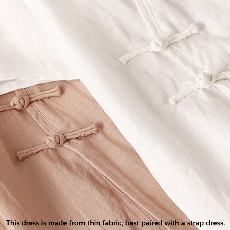 Vestido midi de verano para mujer de algodón y lino con cuello en V y botones de rana, manga corta y estampado de Buddha Stones - image 10