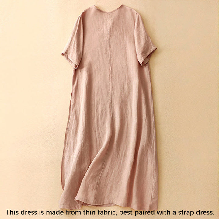 Vestido midi de verano para mujer de algodón y lino con cuello en V y botones de rana, manga corta y estampado de Buddha Stones