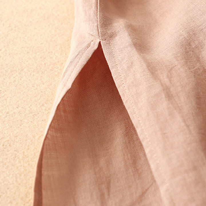 Vestido midi de verano para mujer de algodón y lino con cuello en V y botones de rana, manga corta y estampado de Buddha Stones