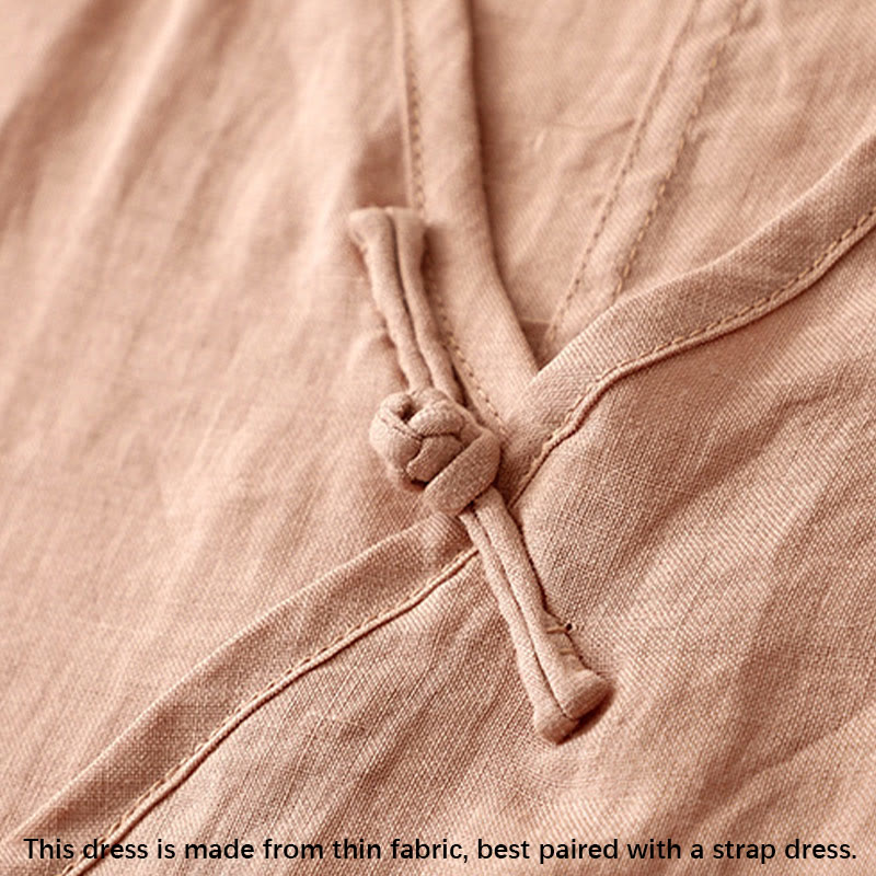 Vestido midi de verano para mujer de algodón y lino con cuello en V y botones de rana, manga corta y estampado de Buddha Stones - image 3