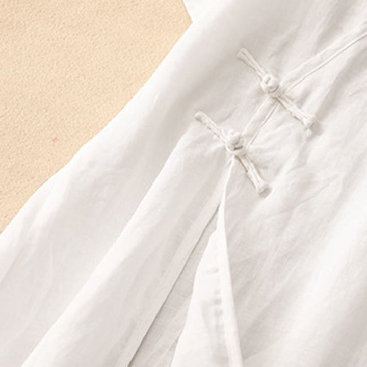 Vestido midi de verano para mujer de algodón y lino con cuello en V y botones de rana, manga corta y estampado de Buddha Stones - image 15