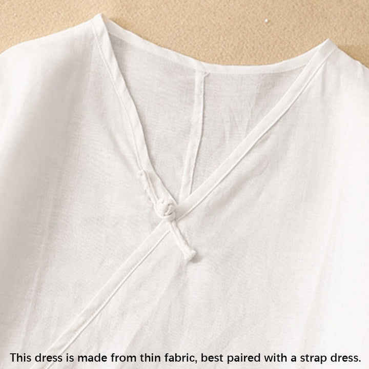 Vestido midi de verano para mujer de algodón y lino con cuello en V y botones de rana, manga corta y estampado de Buddha Stones - image 13