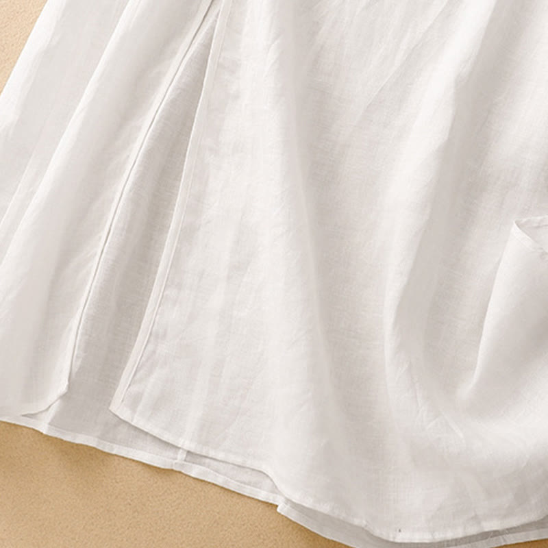 Vestido midi de verano para mujer de algodón y lino con cuello en V y botones de rana, manga corta y estampado de Buddha Stones